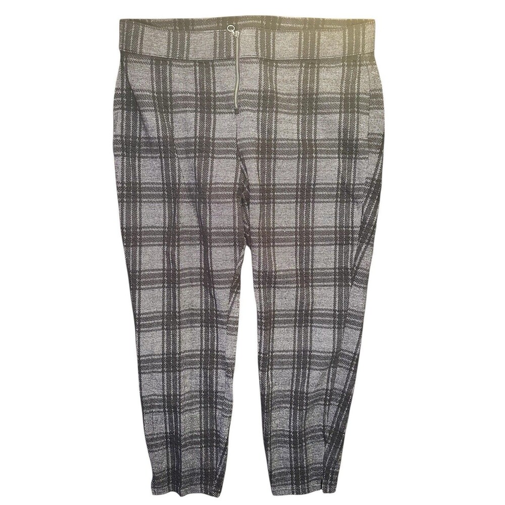 Hue Women’s 2X Stretch Pants Gray Black Plaid Cotton Blend Ankle Zip Front